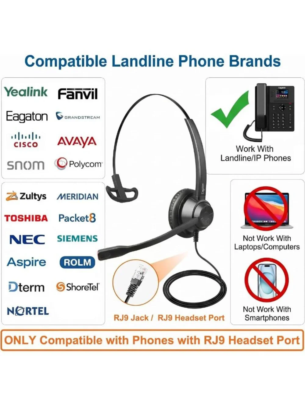 Single Ear Noise Cancelling Desk Phone Headset - Compatible with IP Phones